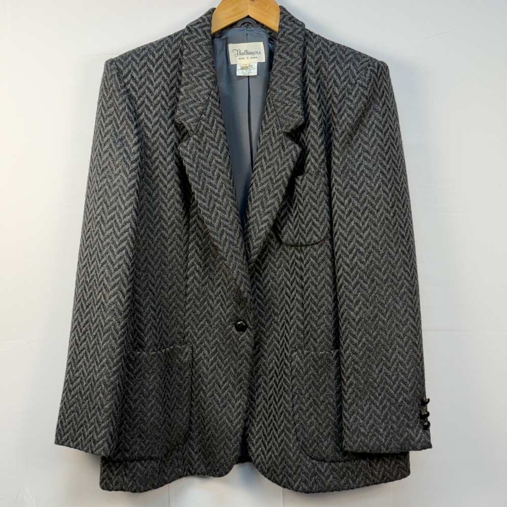 VTG Thalhimers Wool Herringbone‎ Gray Blazer Made in Japan SIze 10